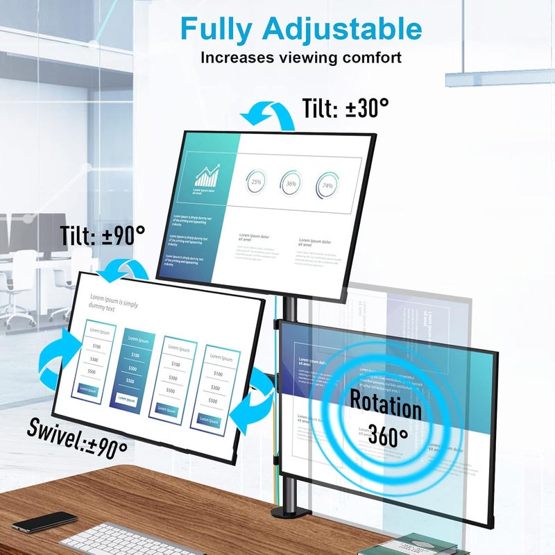 MOUNTUP Triple Monitor Stand, Height Adjustable Monitor Desk Mount Fit for 17 to 32 Inch Computer Screens, Stacked Monitors Arm for 3 Monitors, with C-Clamp and Grommet Base, up to 17.6lbs per Arm - Image 3